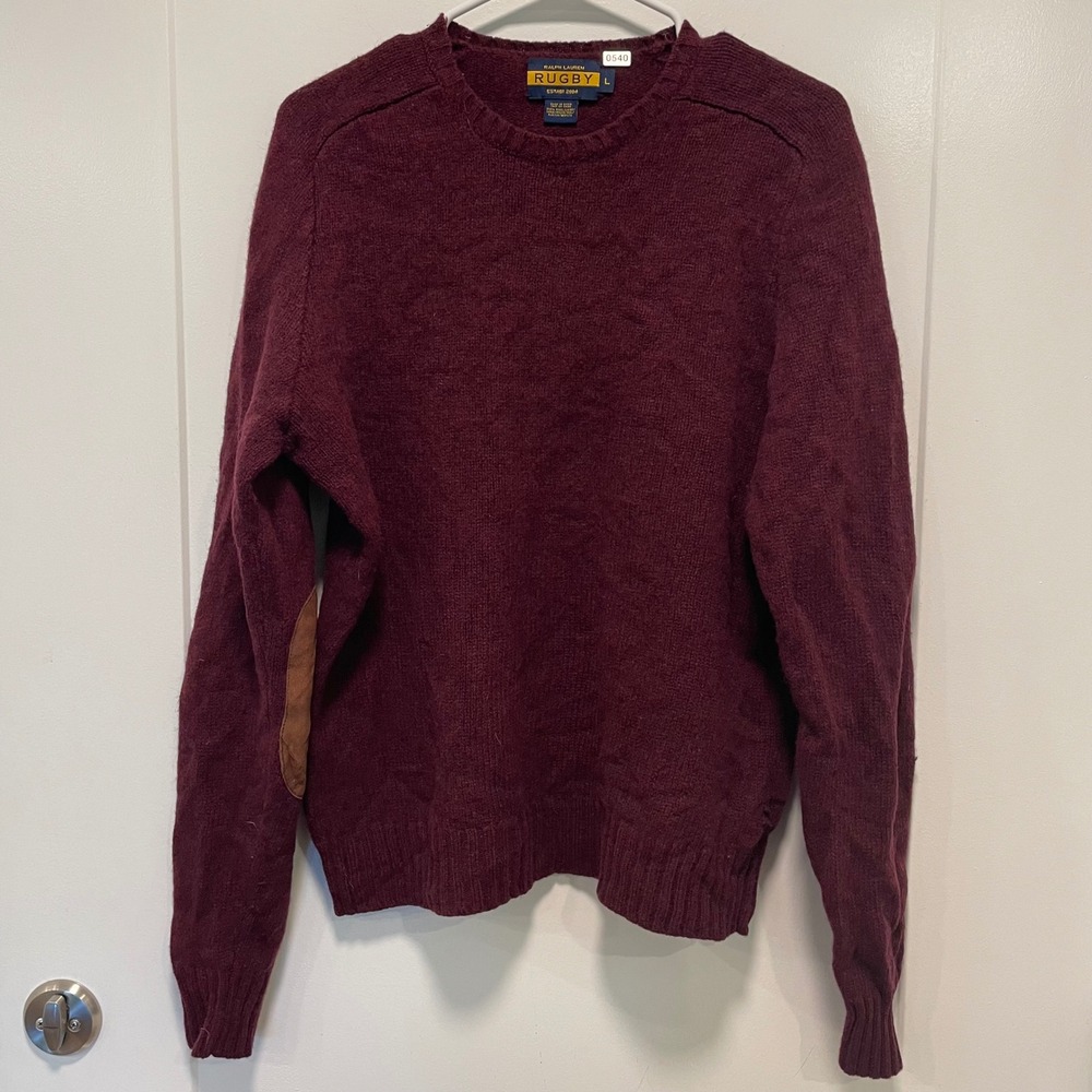 Vintage Ralph Lauren Rugby Mens Wool Elbow Patch Crewneck Sweater Burgundy L